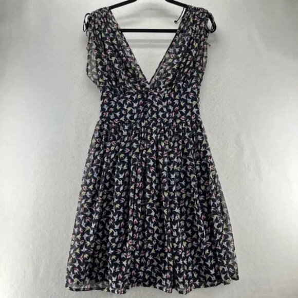 ZARA BASIC Sleeveless Ink Blue/Black Bird Print Chiffon Knee Length Dress XS - Picture 5 of 16